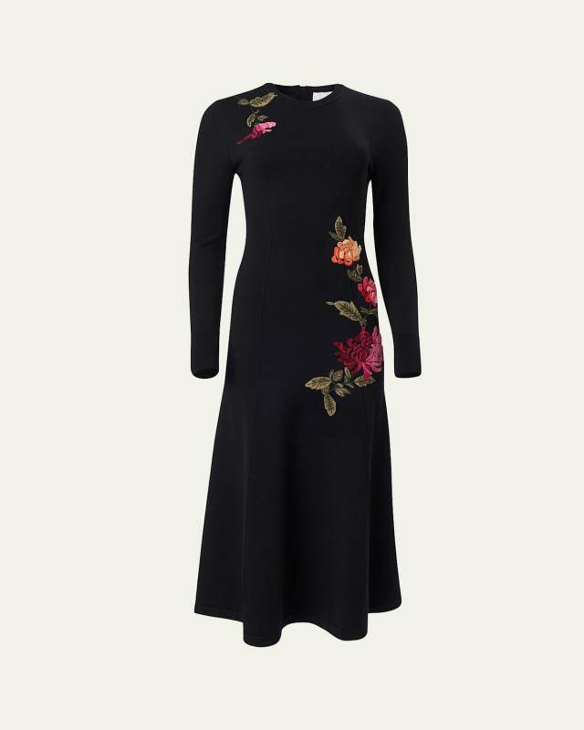 Floral Embroidered Long-Sleeve Midi Dress